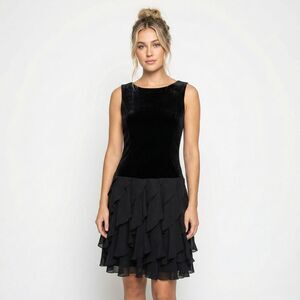 Vintage Jessica Howard Black Velvet Chiffon Tiered Dress 6P Petite 90s Goth LBD